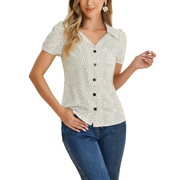 INSPIRE CHIC Women's Polka Dots Short Sleeve Button Up 1950s Vintage Blouse XS White