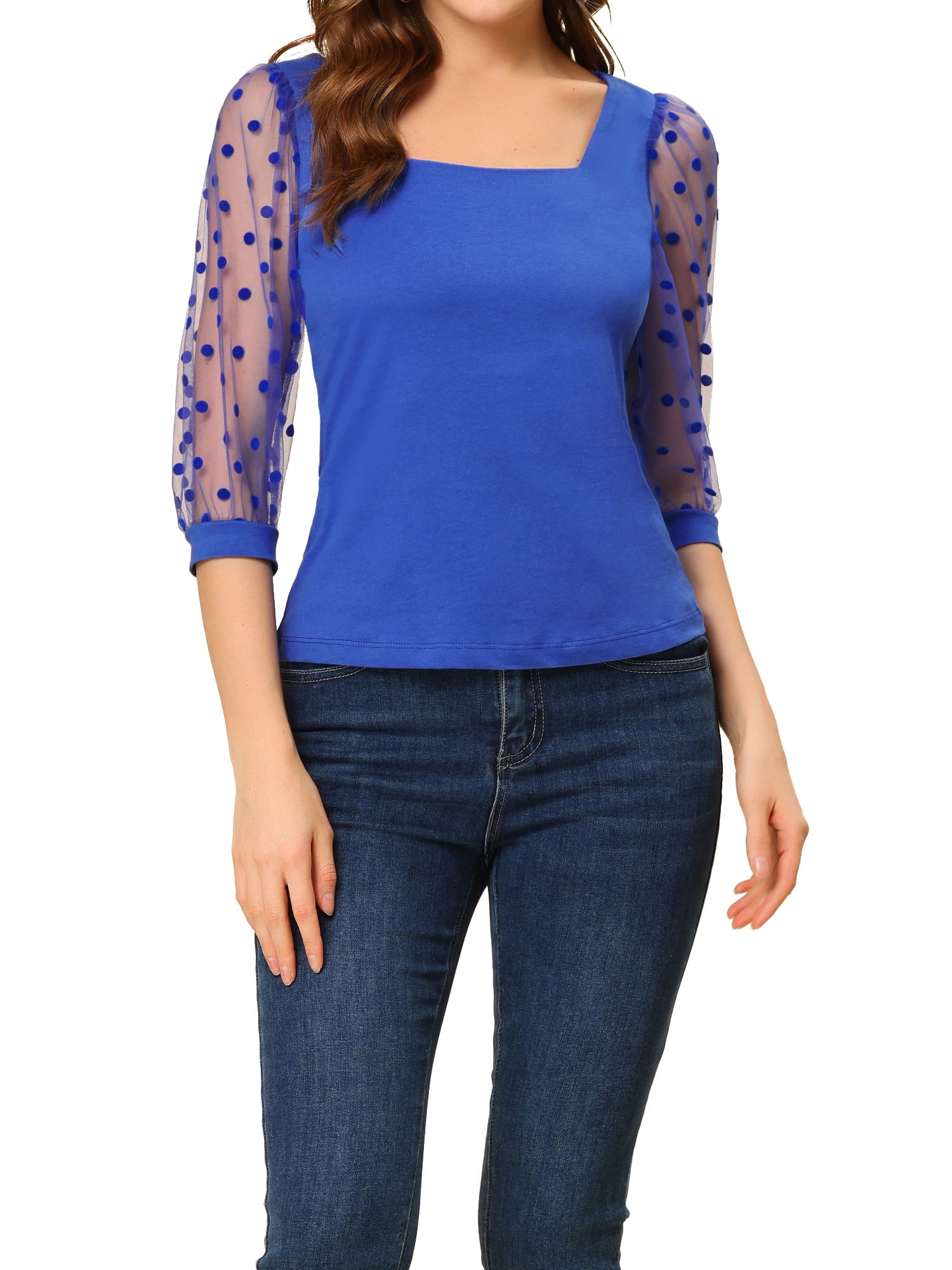 Women's Sheer Mesh Dance Top - 3/4 Sleeve Cowl Neck Latin Ballroom Performance Top