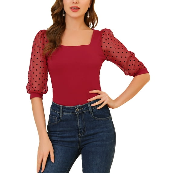 Allegra K Women's Polka Dots Square Neck Semi Sheer Mesh 3/4 Sleeves Blouse