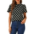 thumbnail image 1 of INSPIRE CHIC Women's Polka Dots Stand Collar Pleat Keyhole Back Short Flare Sleeve Top L Black, 1 of 6