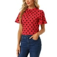 thumbnail image 1 of INSPIRE CHIC Women's Polka Dots Stand Collar Pleat Keyhole Back Short Flare Sleeve Top L Red, 1 of 6