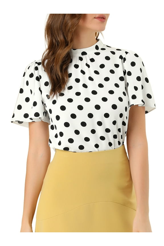 Women's Polka Dots Stand Collar Pleat Keyhole Back Short Flare Sleeve Top L White Black
