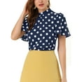 thumbnail image 1 of INSPIRE CHIC Women's Polka Dots Stand Collar Pleat Keyhole Back Short Flare Sleeve Top XL Navy Blue, 1 of 7