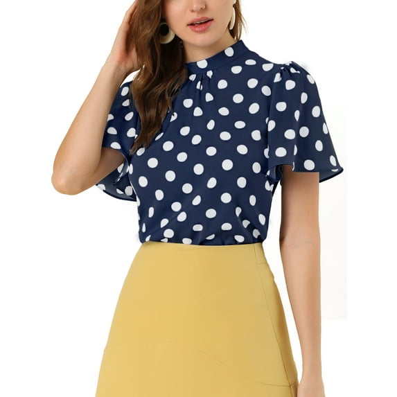 INSPIRE CHIC Women's Polka Dots Stand Collar Pleat Keyhole Back Short Flare Sleeve Top XL Navy Blue