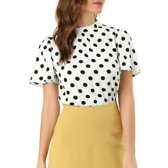INSPIRE CHIC Women's Polka Dots Stand Collar Pleat Keyhole Back Short Flare Sleeve Top XL White Black