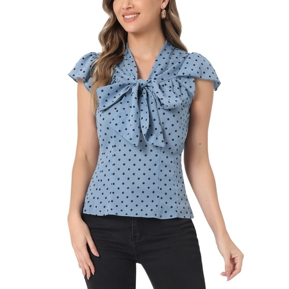 INSPIRE CHIC Women's Blouse Polka Dots Tie Neck Ruffled Cap Sleeve Wear-to-Work Top L Grey Blue