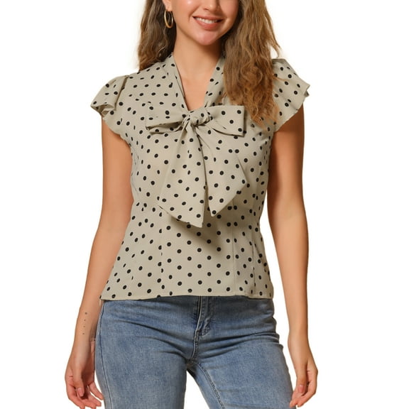 INSPIRE CHIC Women's Blouse Polka Dots Tie Neck Ruffled Cap Sleeve Wear-to-Work Top M Light Khaki