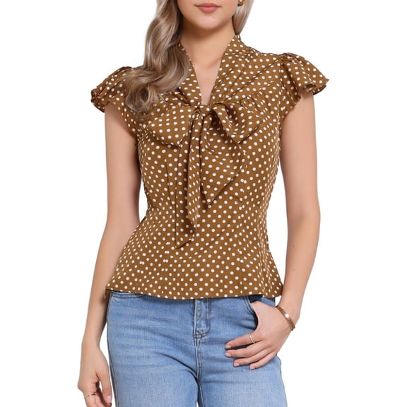INSPIRE CHIC Women's Blouse Polka Dots Tie Neck Ruffled Cap Sleeve Wear-to-Work Top S Brown
