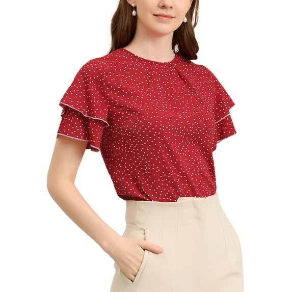 INSPIRE CHIC Women's Polka Dots Top Keyhole Back Layered Ruffle Sleeves Blouses S Burgundy