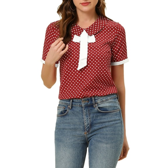 INSPIRE CHIC Women's Polka Dots Turn Down Collar Contrast Tie Neck Short Sleeve Blouse Top Burgundy XS