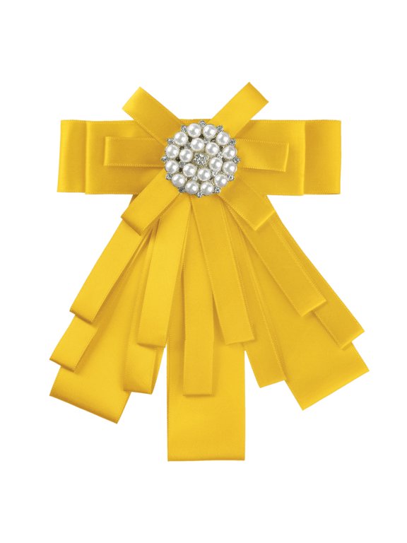 Women's Pretied Pin Brooch Ribbon Bowknot Party Bow Tie with Beads Golden Yellow