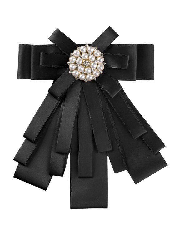 Women's Pretied Pin Brooch Ribbon Bowknot Party Bow Tie with Beads Black