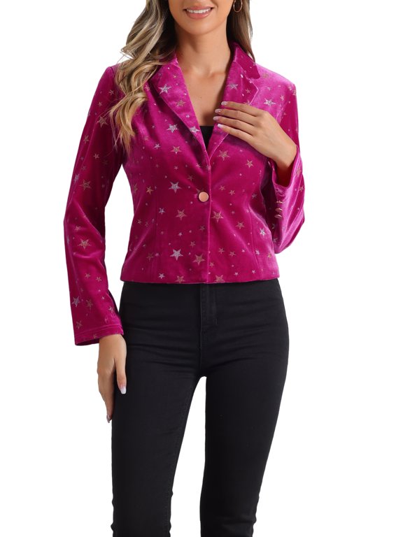 Women's Printed Business Office One Button Crop Metallic Star Velvet Blazer XL Rose Red-Star