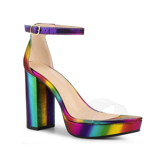 BLISSFUL STEP Women's Shoes Colorful Platform Chunky Heels Ankle Strap Clear Open Toe Sandals Colorful 7