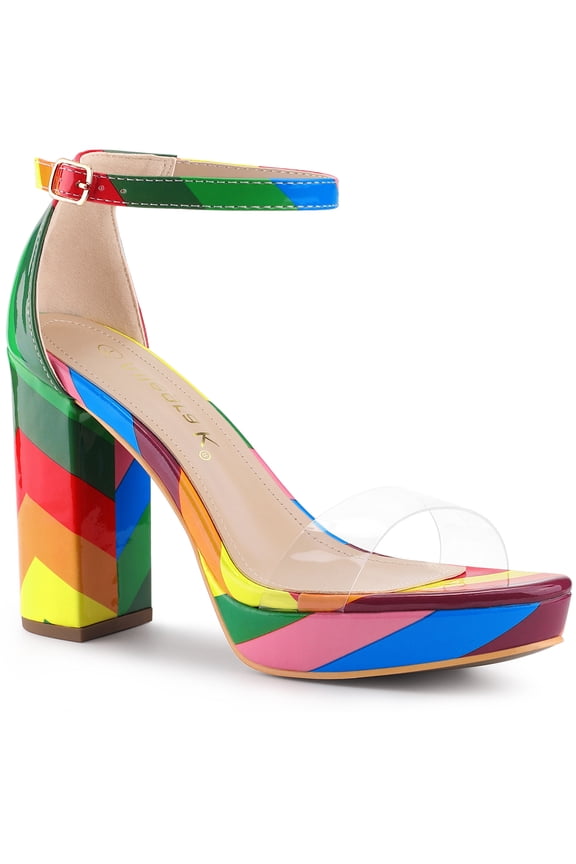 Women's Shoes Colorful Platform Chunky Heels Ankle Strap Clear Open Toe Sandals Rainbow 10