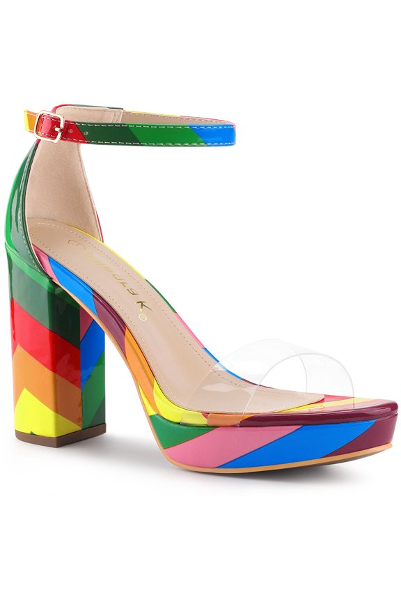 Women's Shoes Colorful Platform Chunky Heels Ankle Strap Clear Open Toe Sandals Rainbow 7