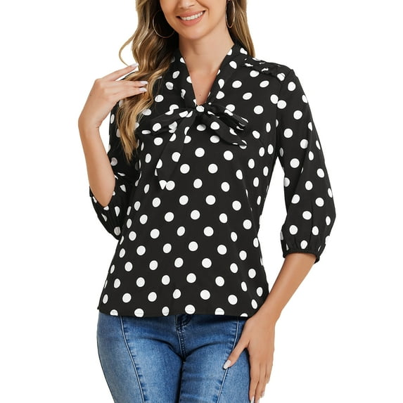 INSPIRE CHIC Women's Printed Elastic Cuff Bow Tie Neck Blouse S Black