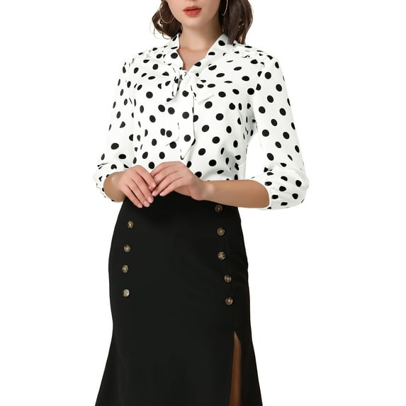 INSPIRE CHIC Women's Printed Elastic Cuff Bow Tie Neck Blouse S White