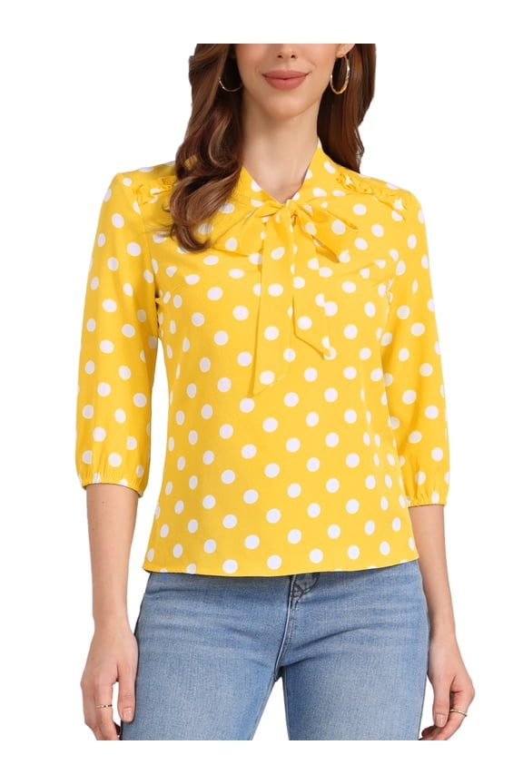 Women's Printed Elastic Cuff Bow Tie Neck Blouse S Yellow