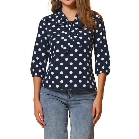 INSPIRE CHIC Women's Printed Elastic Cuff Bow Tie Neck Blouse XS Navy Blue