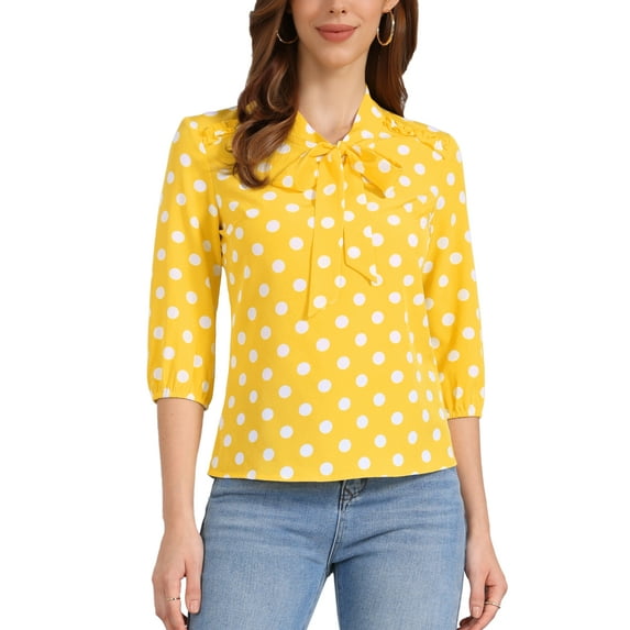 INSPIRE CHIC Women's Printed Elastic Cuff Bow Tie Neck Blouse XS Yellow