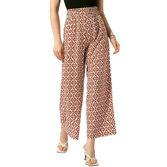 INSPIRE CHIC Women's Pant Geometric Pattern Elastic Tie Waist Summer Boho Wide Leg Long Pant XL Caramel