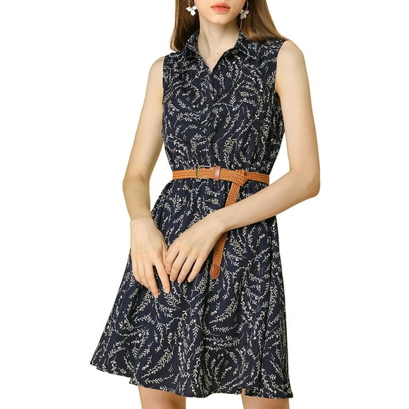 INSPIRE CHIC Women's Floral Printed Half Placket Knee Length Sleeveless Spring Belted Dress S Dark Blue-Flower Branch
