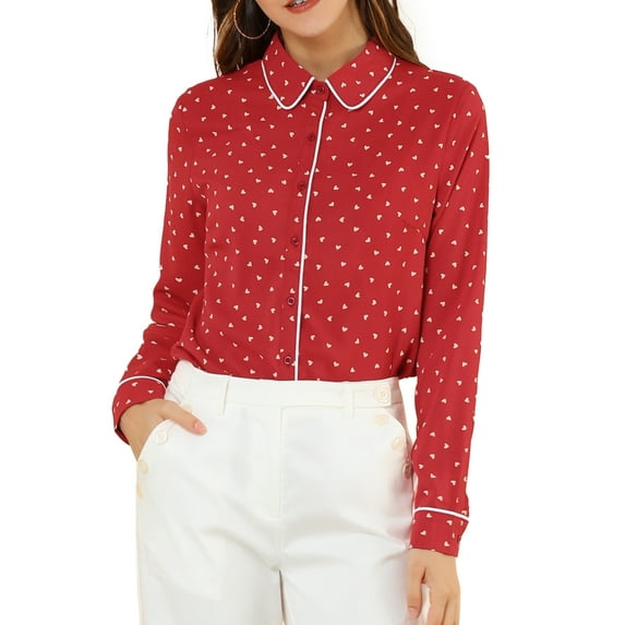 Allegra K Women's Printed Long Sleeve Piped Button Down Shirts
