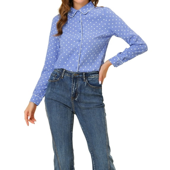 Allegra K Women's Printed Long Sleeve Piped Button Down Shirts