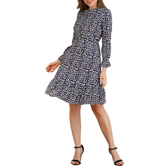 Allegra K Women's Printed Long Sleeves Keyhole Neck Ruffle Hem Dresses