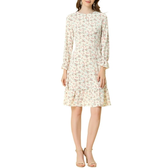 Allegra K Women's Printed Long Sleeves Keyhole Neck Ruffle Hem Midi Dresses