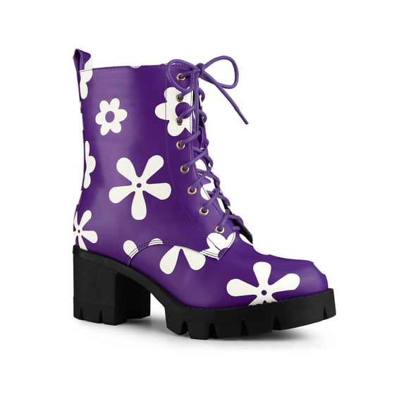 BLISSFUL STEP Women's Printed Platform Block Heel Combat Boots Purple 8.5