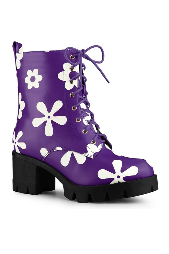 Women's Printed Platform Block Heel Combat Boots Purple 8.5