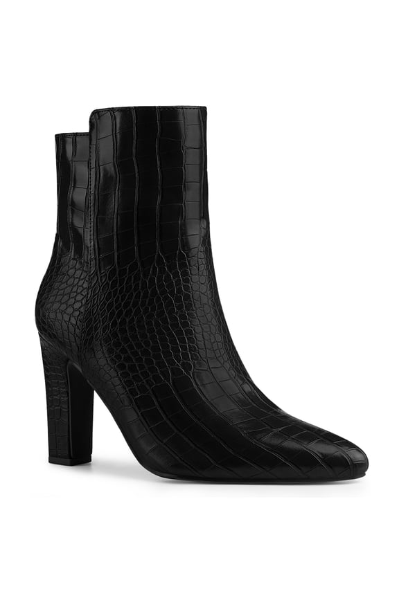 Women's Ankle Boots Printed Chunky Heel Side Zipper Crocodile Pointed Toe Booties Black 6