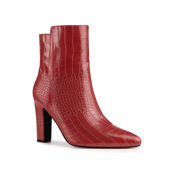BLISSFUL STEP Women's Ankle Boots Printed Chunky Heel Side Zipper Crocodile Pointed Toe Booties Red 11