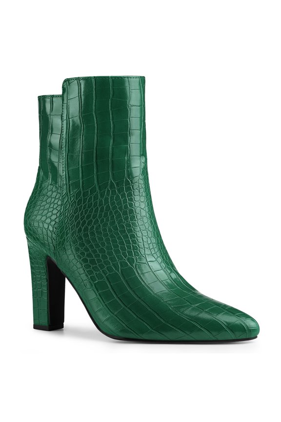 Women's Ankle Boots Printed Chunky Heel Side Zipper Crocodile Pointed Toe Booties Dark Green 9