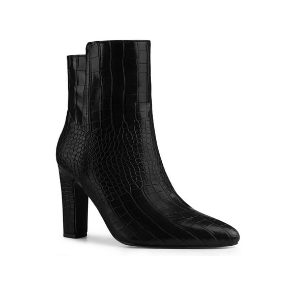 BLISSFUL STEP Women's Ankle Boots Printed Chunky Heel Side Zipper Crocodile Pointed Toe Booties Black 7