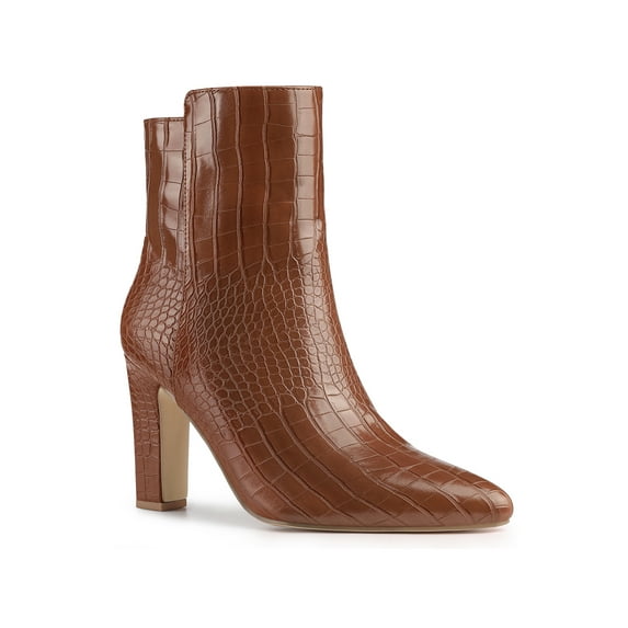 BLISSFUL STEP Women's Ankle Boots Printed Chunky Heel Side Zipper Crocodile Pointed Toe Booties Brown 8