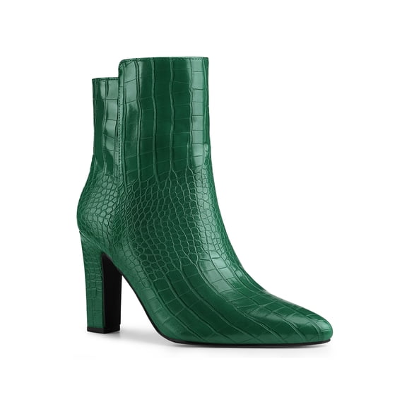 BLISSFUL STEP Women's Ankle Boots Printed Chunky Heel Side Zipper Crocodile Pointed Toe Booties Dark Green 11