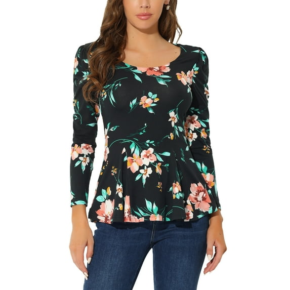 INSPIRE CHIC Women's Tops Printed Scoop Neck Long Sleeves Peplum Blouse M Black-Flower