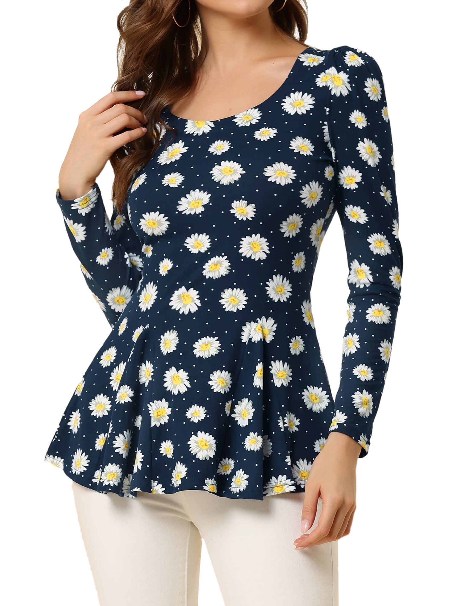 Allegra K Women's Printed Scoop Neck Long Sleeves Peplum Blouse ...