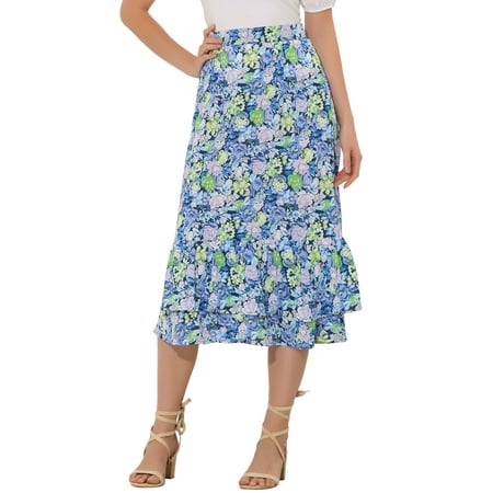 INSPIRE CHIC Women's Chiffon Skirts Elastic Waist Ruffle Tiered Floral Flowy Midi Skirts L Navy Blue-Floral