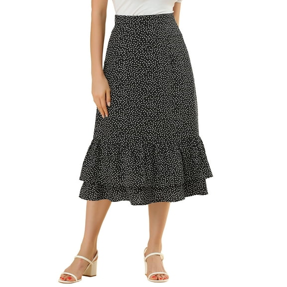 INSPIRE CHIC Valentine's Day Women's Chiffon Skirts Elastic Waist Ruffle Tiered Floral Flowy Midi Skirts M Black-Heart