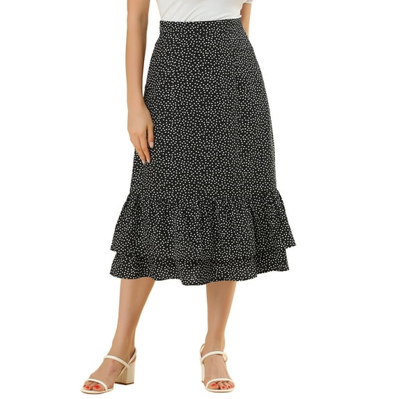 INSPIRE CHIC Women's Chiffon Skirts Elastic Waist Ruffle Tiered Floral Flowy Midi Skirts M Black-Heart