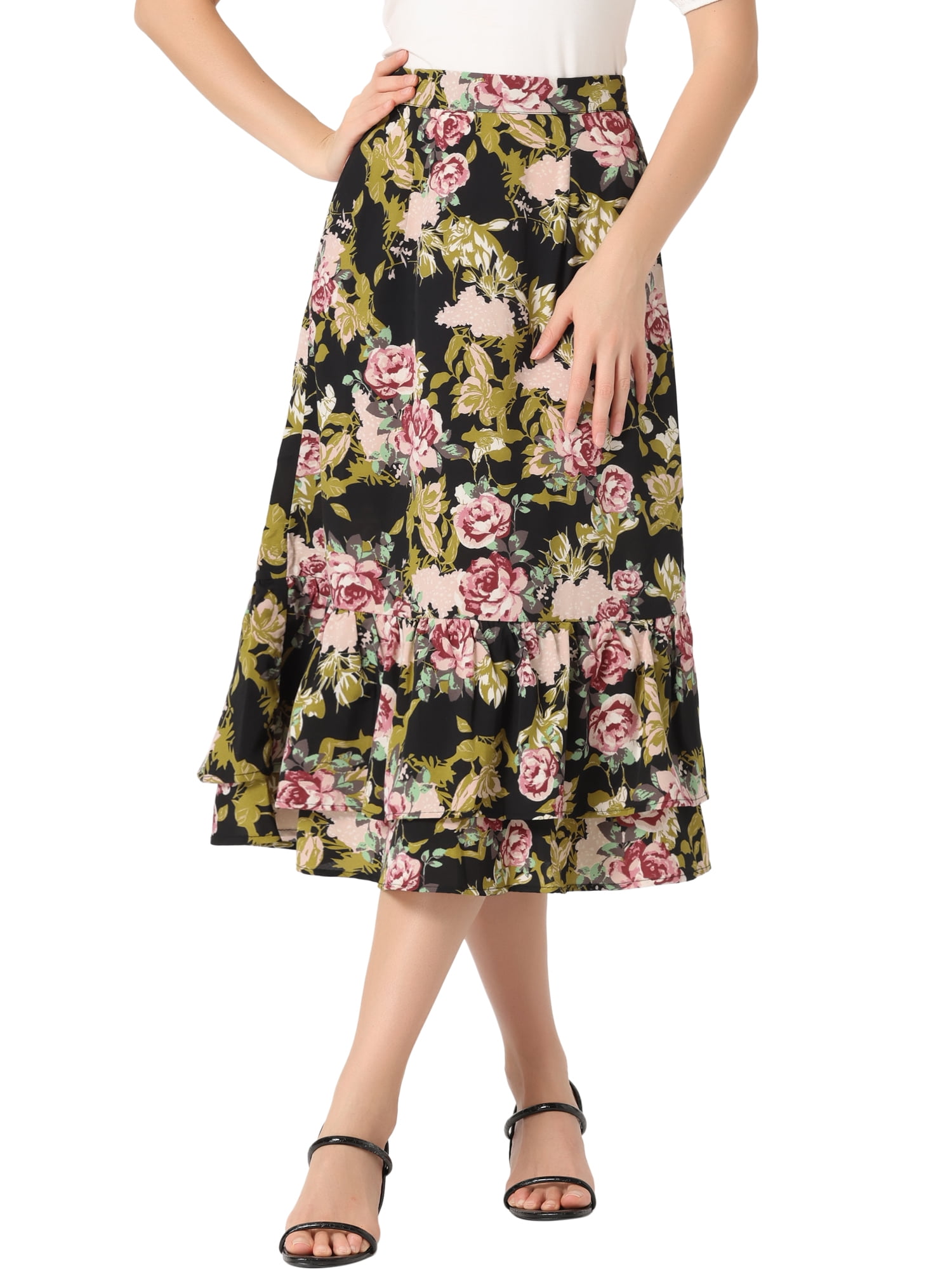 INSPIRE CHIC Women's Chiffon Skirts Elastic Waist Ruffle Tiered Floral ...