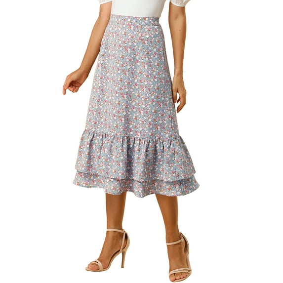 INSPIRE CHIC Valentine's Day Women's Chiffon Skirts Elastic Waist Ruffle Tiered Floral Flowy Midi Skirts M Blue Grey-Floral
