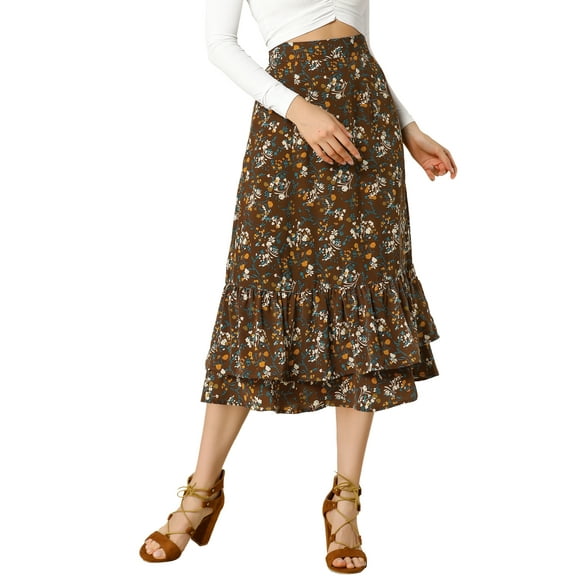 INSPIRE CHIC Valentine's Day Women's Chiffon Skirts Elastic Waist Ruffle Tiered Floral Flowy Midi Skirts M Brown-Floral