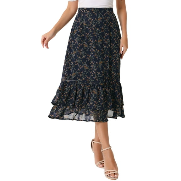 INSPIRE CHIC Valentine's Day Women's Chiffon Skirts Elastic Waist Ruffle Tiered Floral Flowy Midi Skirts M Dark Blue Orange-Floral