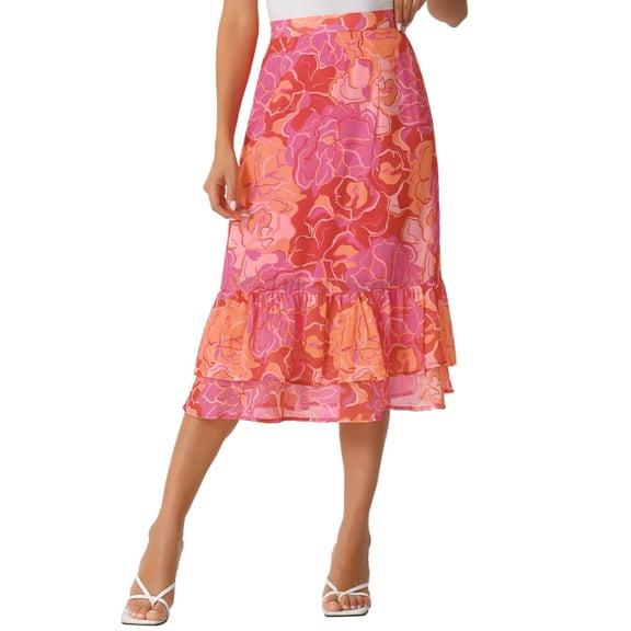 INSPIRE CHIC Valentine's Day Women's Chiffon Skirts Elastic Waist Ruffle Tiered Floral Flowy Midi Skirts M Hot Pink-Floral