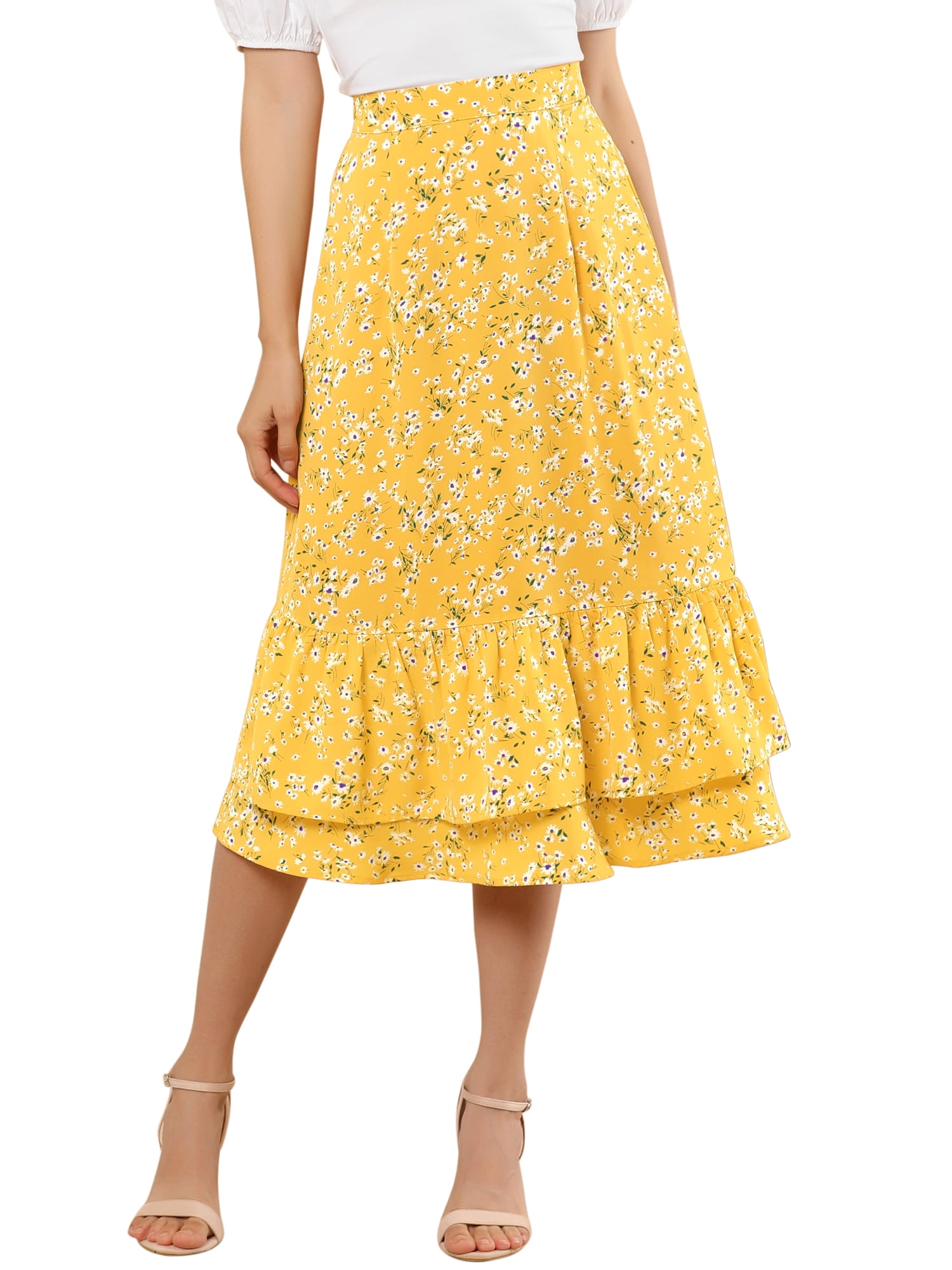Women's Printed Skirt Summer Chiffon Ruffle Tiered Flowy Midi Skirt
